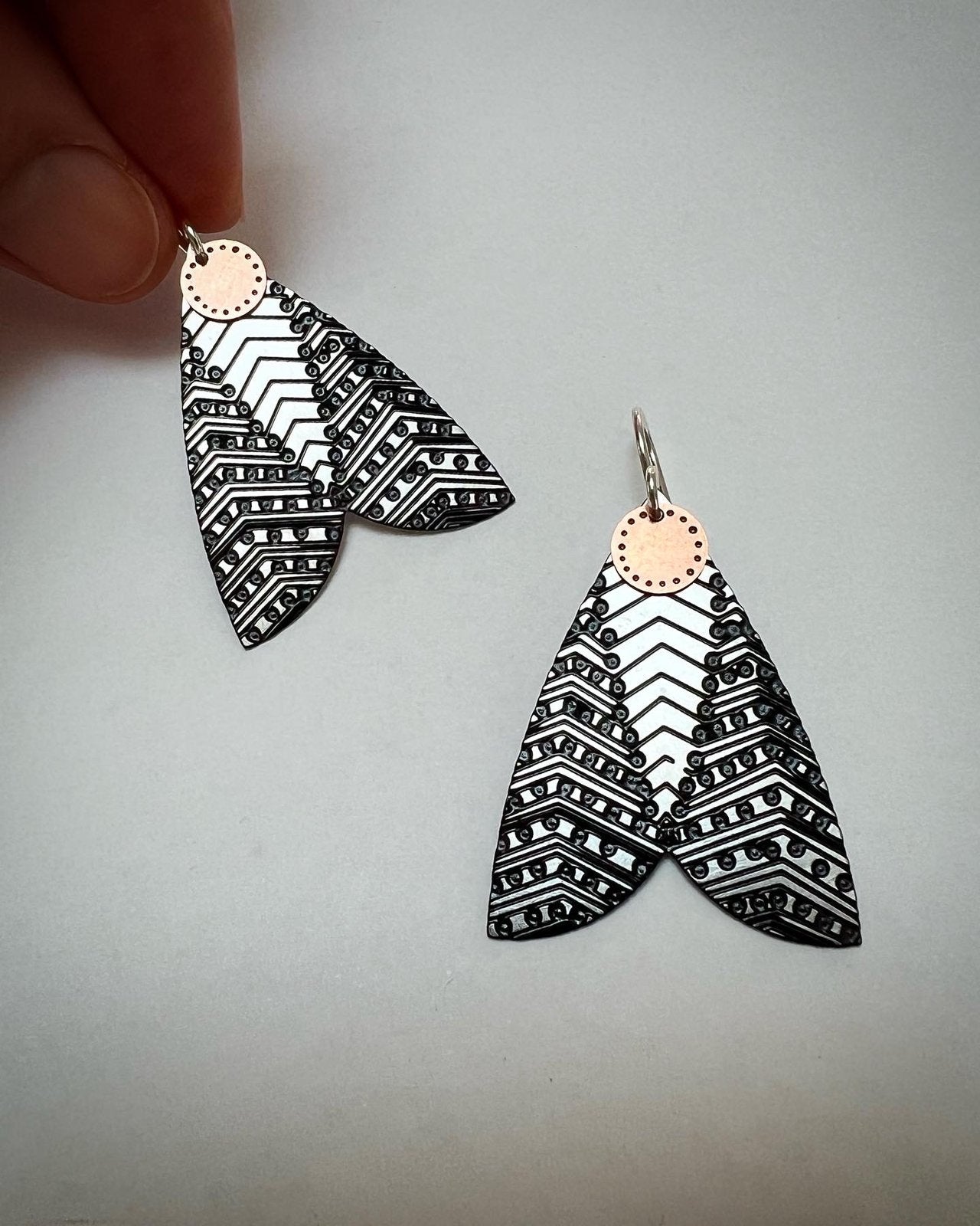 Moth Earrings – Etched Stainless Steel and Brass, Black
