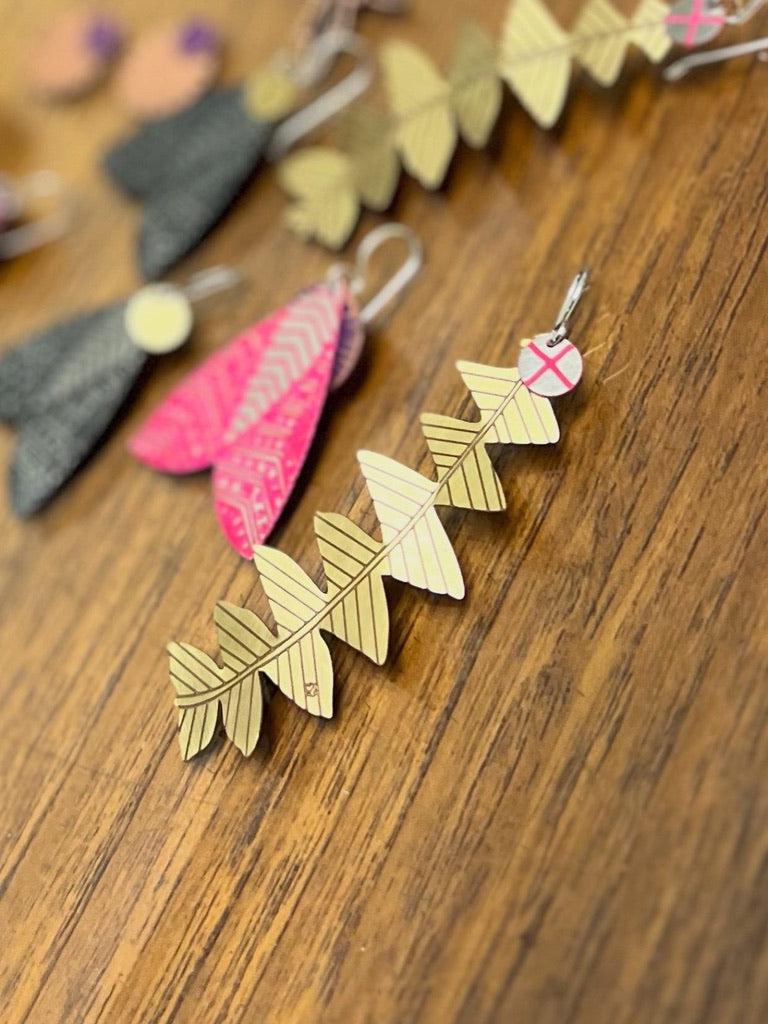 Banksia grandis Earrings with Dot X - Etched Brass and Stainless Steel, Hot Pink