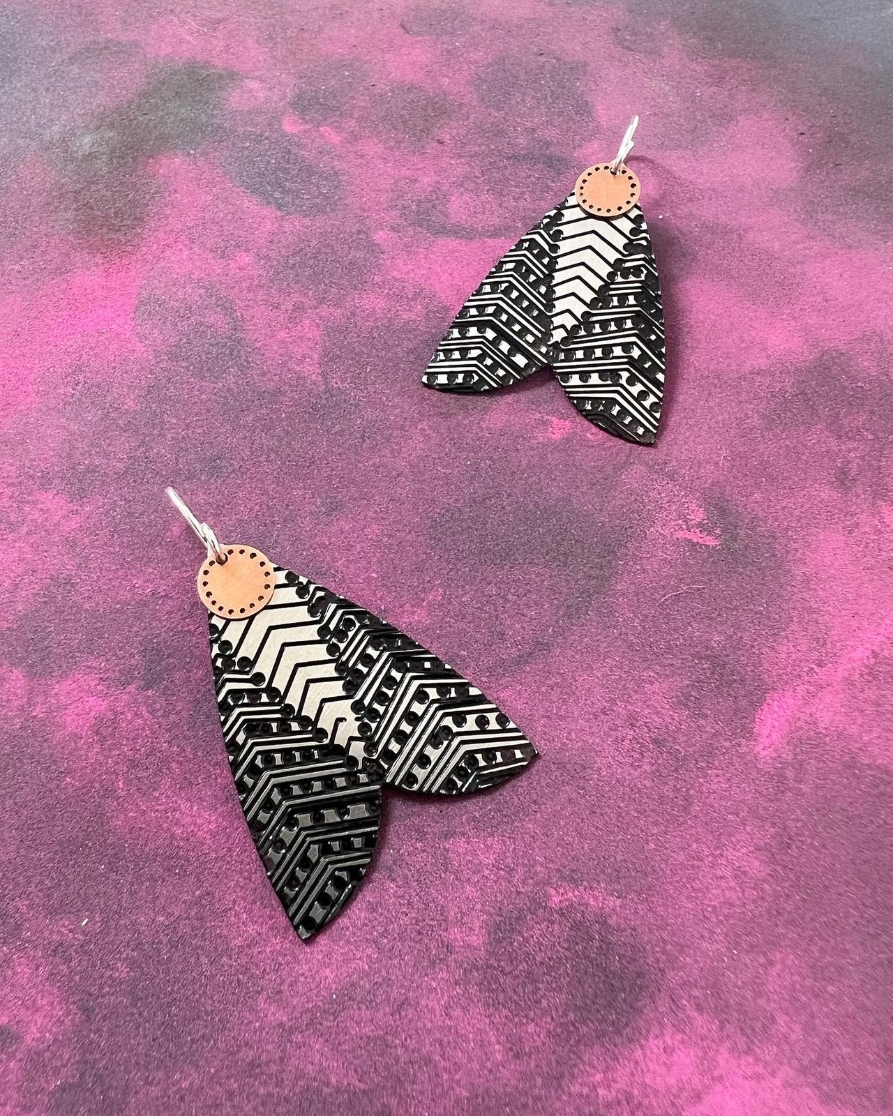 Moth Earrings – Etched Stainless Steel and Brass, Black