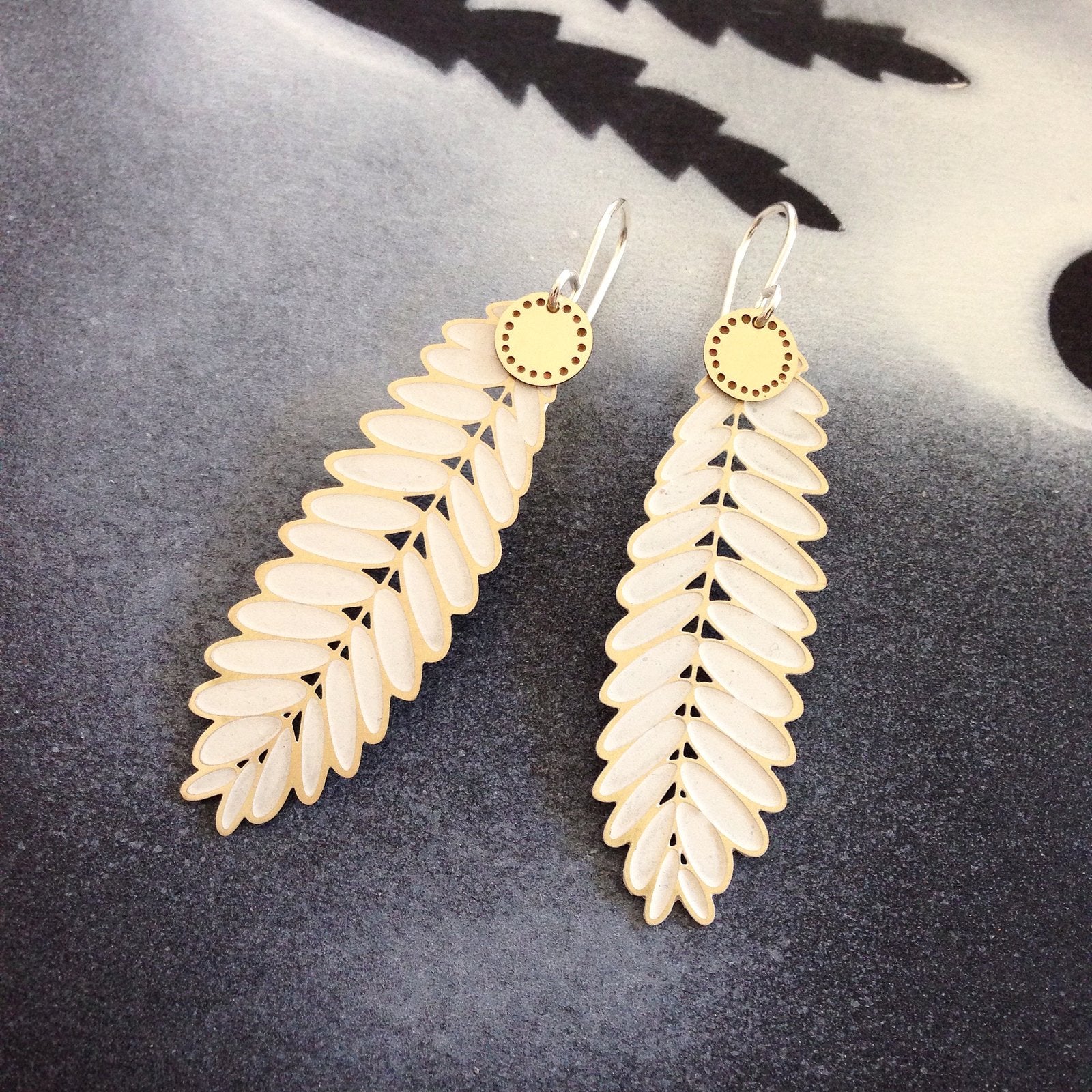 Senna Leaf Blossom Dot Earrings – Etched Brass, White
