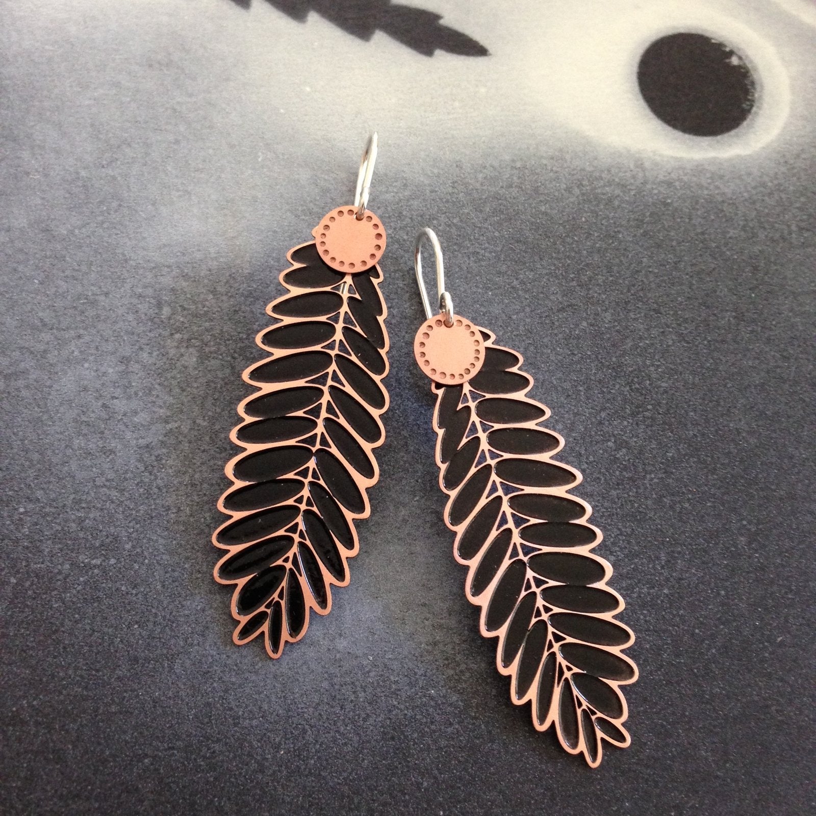 Senna Leaf Blossom Dot Earrings – Etched Copper, Black