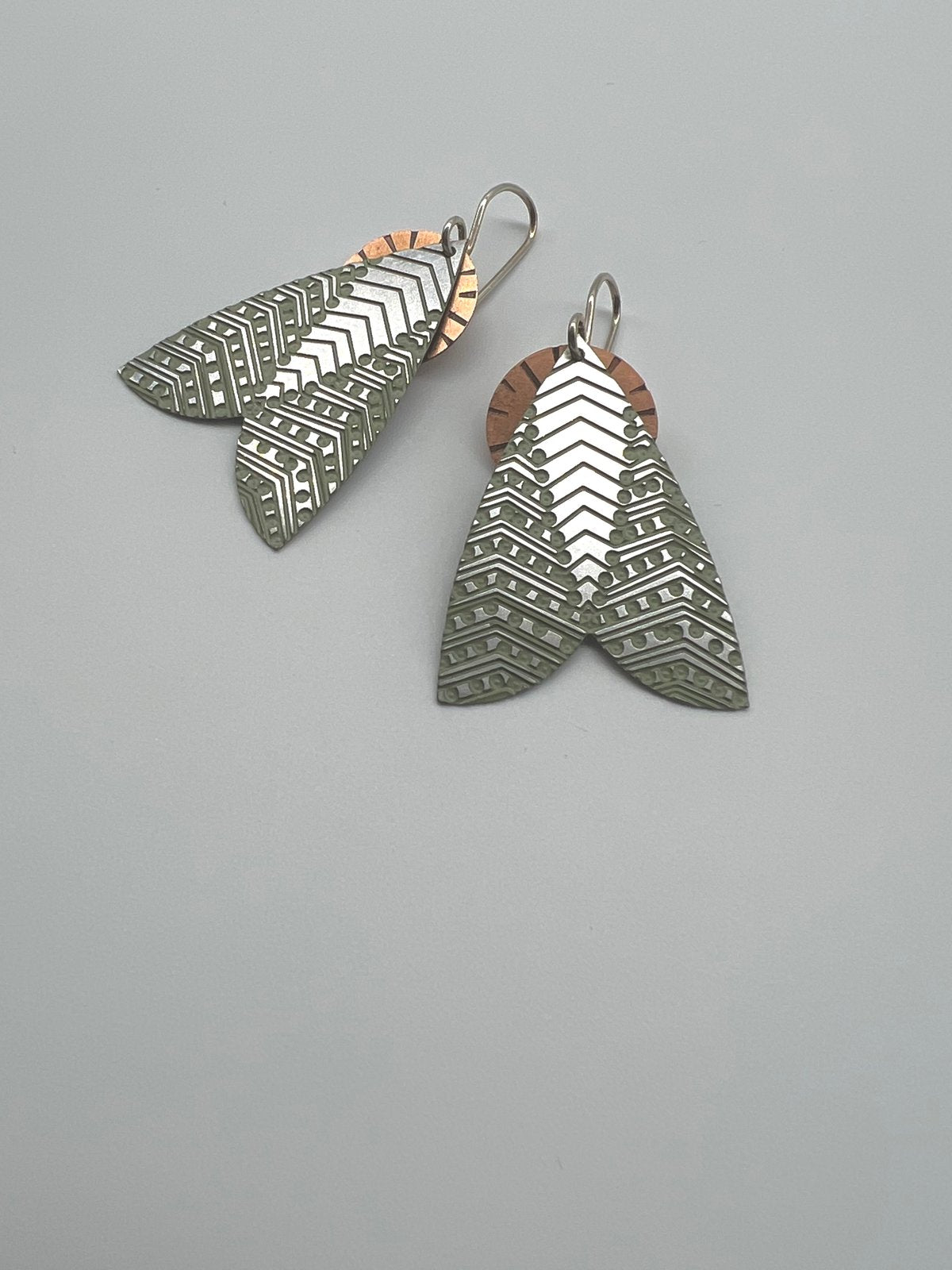 Moth Earrings – Etched Stainless Steel and Brass, Green