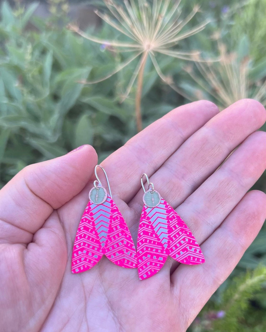 Moth Earrings – Etched Stainless Steel and Brass, Hot Pink