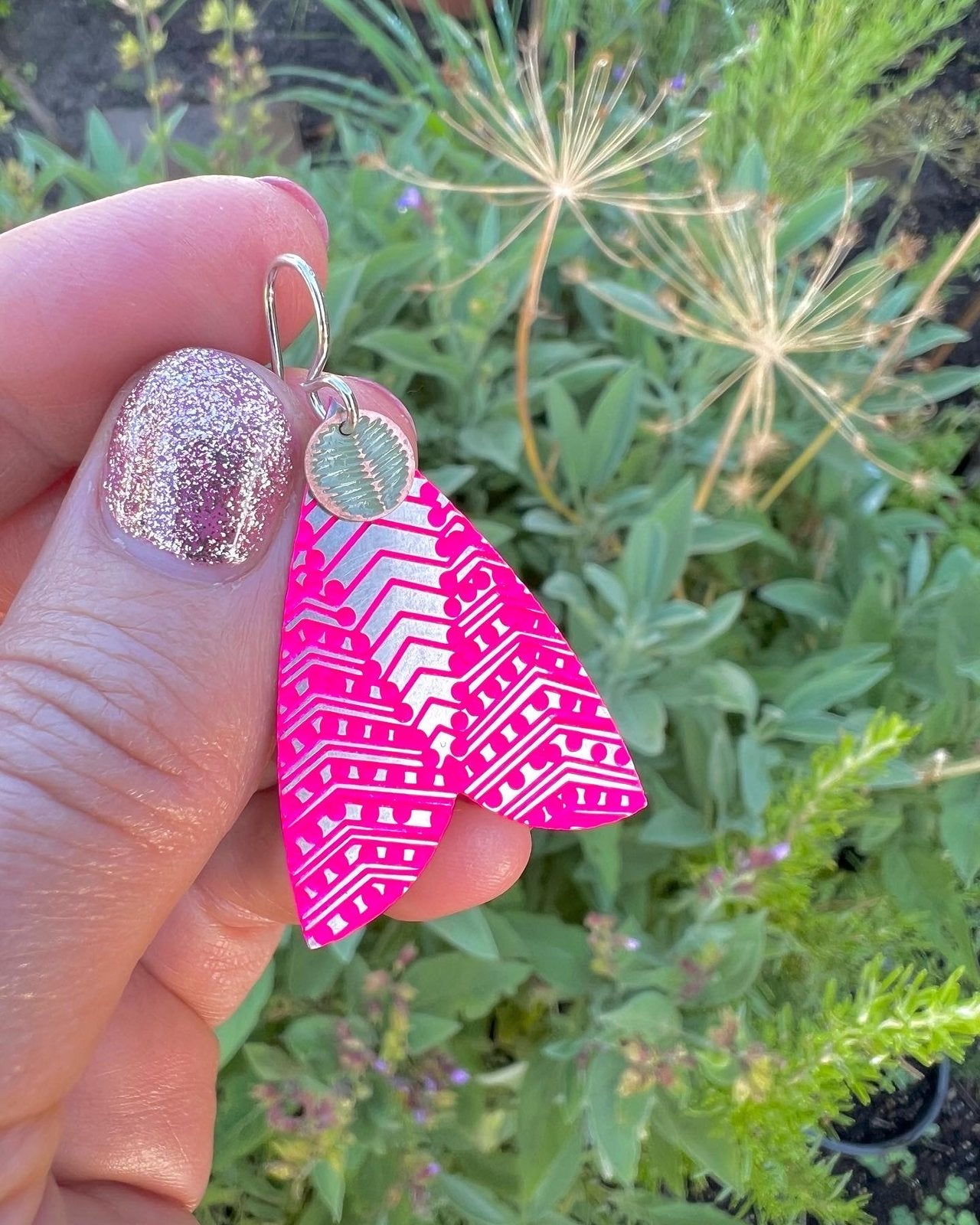 Moth Earrings – Etched Stainless Steel and Brass, Hot Pink